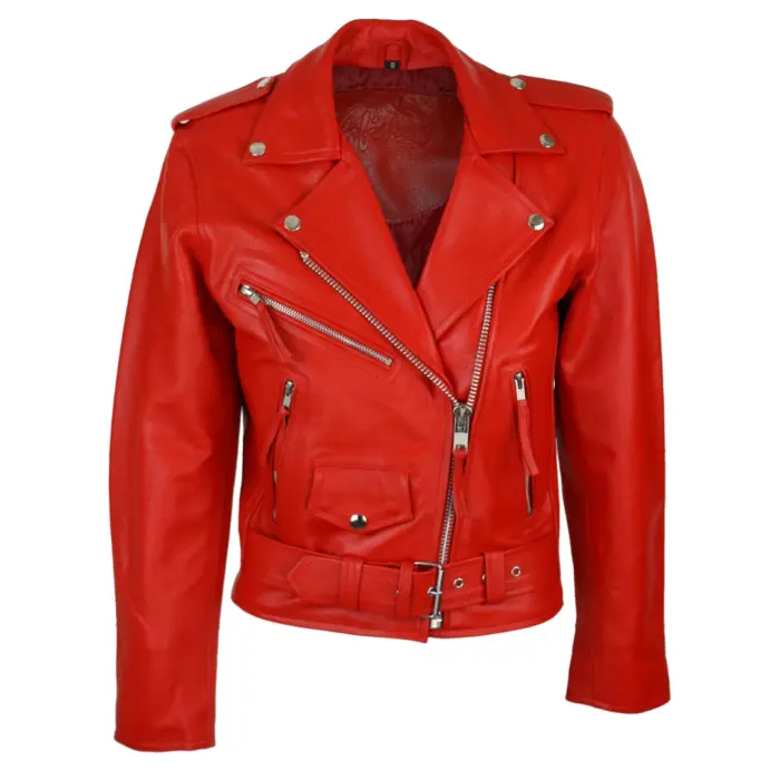 Brando Ladies Women Black Red White Classic Biker Motorcycle Motorbike Hide Leather Jacket - Image 15