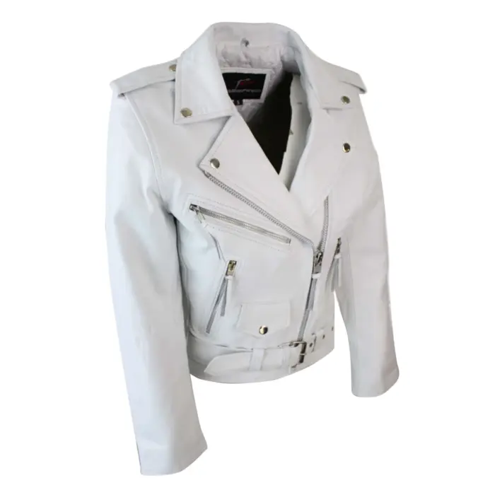 Brando Ladies Women Black Red White Classic Biker Motorcycle Motorbike Hide Leather Jacket - Image 23