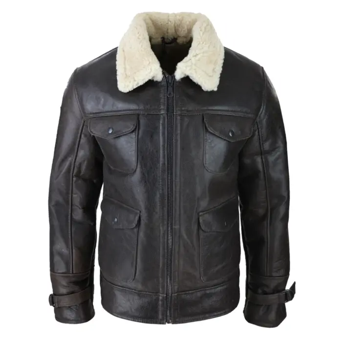 Mens Sherling Sheepsking Jacket Genuine Brown Military Warm Winter Brown Cream - Image 1