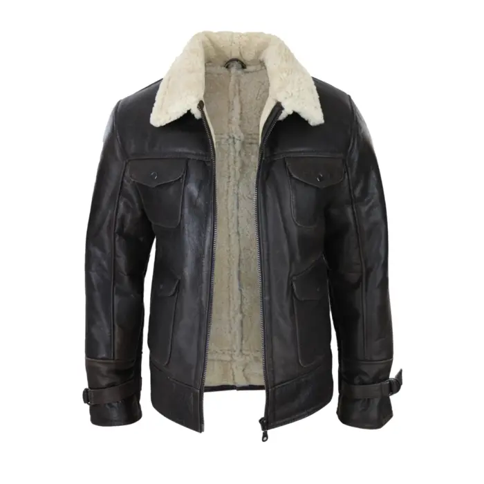 Mens Sherling Sheepsking Jacket Genuine Brown Military Warm Winter Brown Cream - Image 2