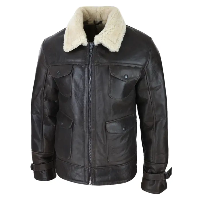 Mens Sherling Sheepsking Jacket Genuine Brown Military Warm Winter Brown Cream - Image 6