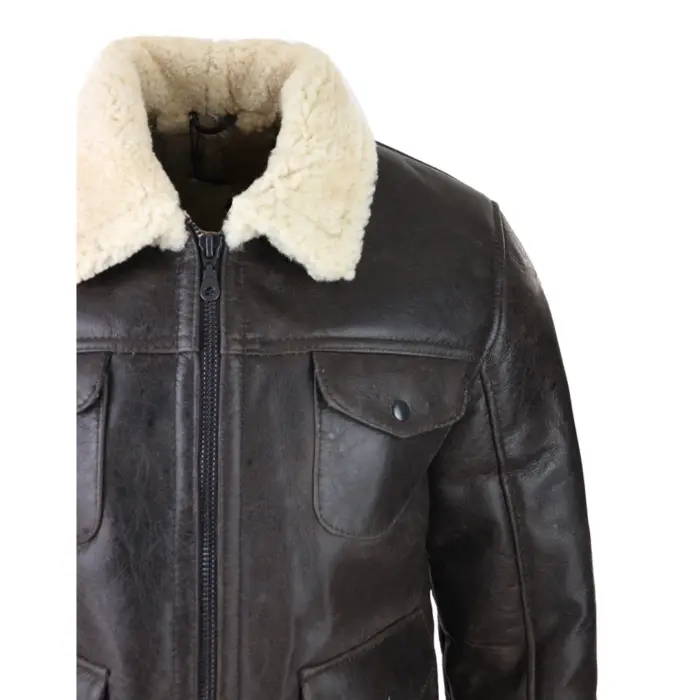 Mens Sherling Sheepsking Jacket Genuine Brown Military Warm Winter Brown Cream - Image 5