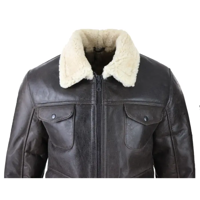 Mens Sherling Sheepsking Jacket Genuine Brown Military Warm Winter Brown Cream - Image 4
