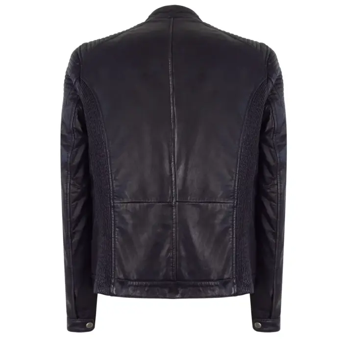 Mens Slim Fit Vintage Navy Washed Real Leather Jacket Nehru Grandad Collar Biker - Image 6
