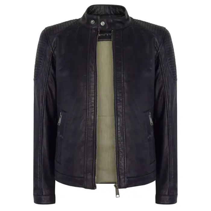 Mens Slim Fit Vintage Navy Washed Real Leather Jacket Nehru Grandad Collar Biker - Image 5