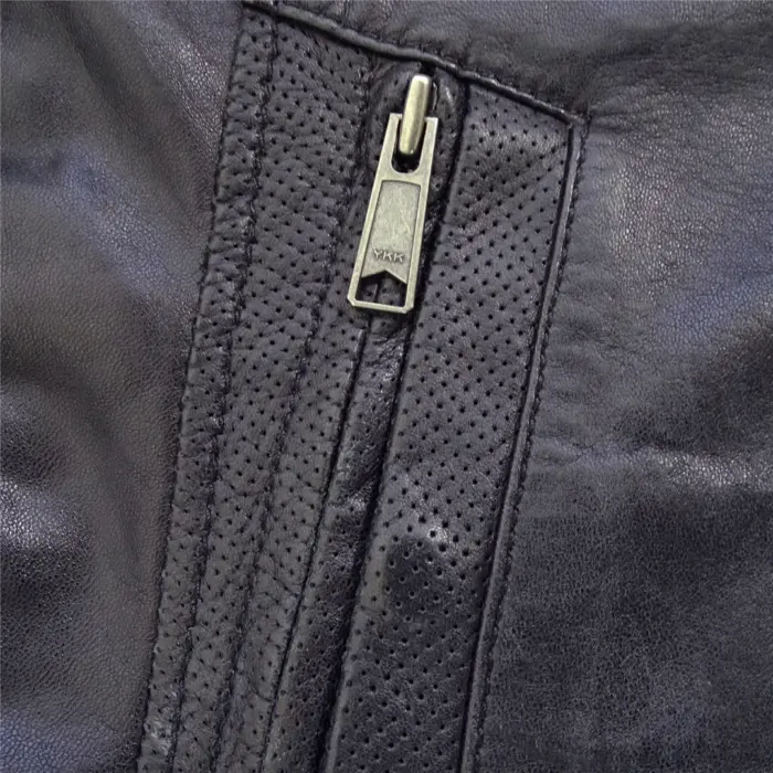 Mens Slim Fit Vintage Navy Washed Real Leather Jacket Nehru Grandad Collar Biker - Image 4