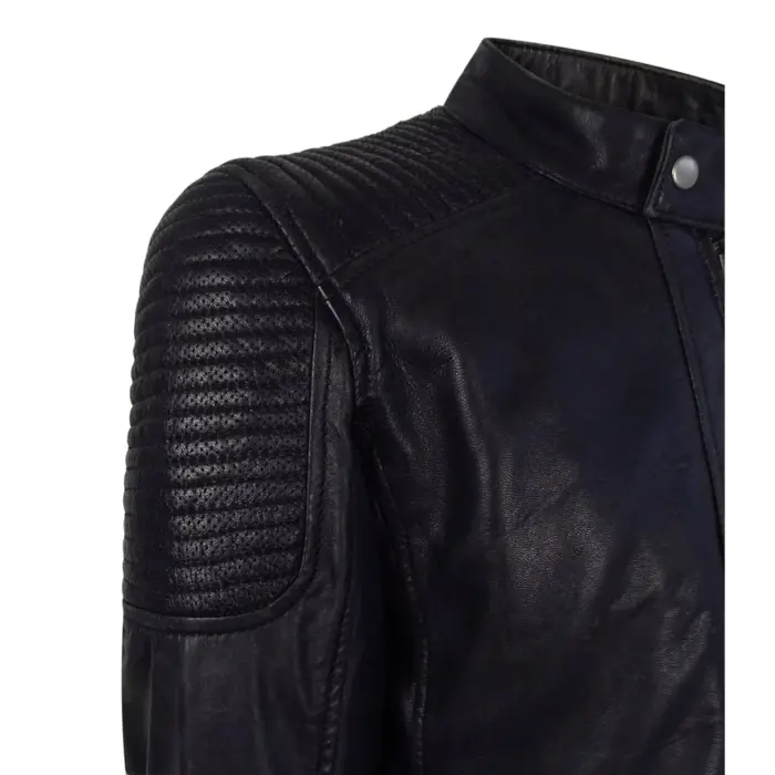 Mens Slim Fit Vintage Navy Washed Real Leather Jacket Nehru Grandad Collar Biker - Image 3