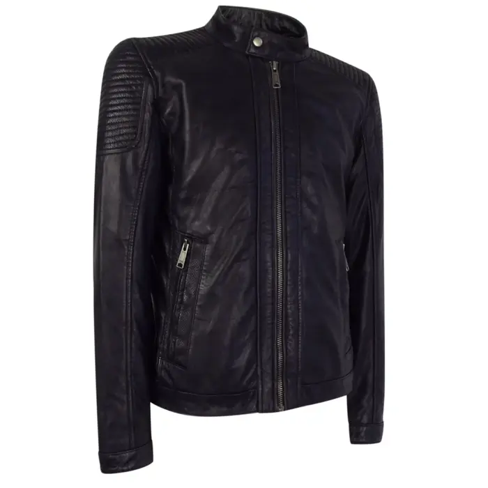 Mens Slim Fit Vintage Navy Washed Real Leather Jacket Nehru Grandad Collar Biker - Image 2