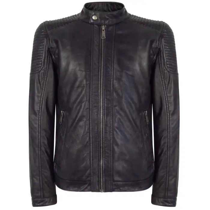 Mens Slim Fit Vintage Navy Washed Real Leather Jacket Nehru Grandad Collar Biker - Image 1
