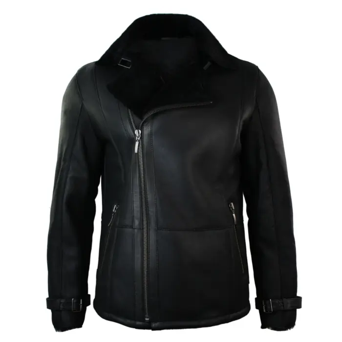 Mens Winter Real Sheepskin Black Mid Length Fitted Designer Jacket Cross Zip - Image 1