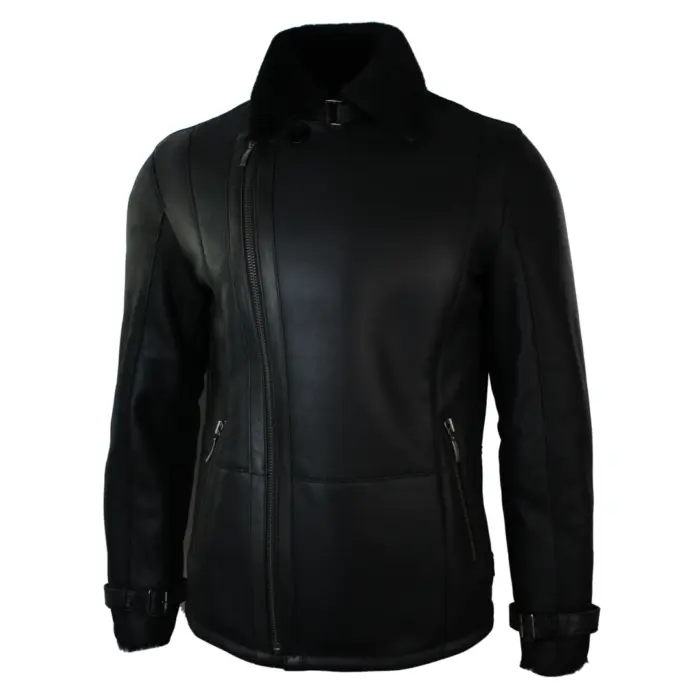 Mens Winter Real Sheepskin Black Mid Length Fitted Designer Jacket Cross Zip - Image 5