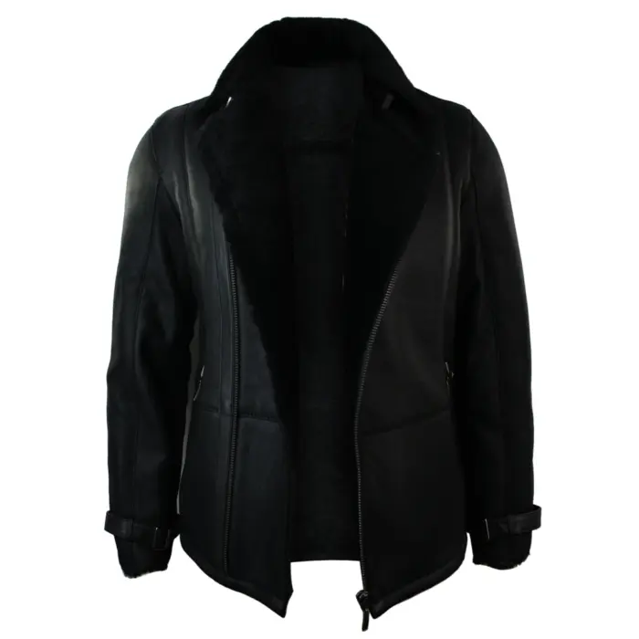 Mens Winter Real Sheepskin Black Mid Length Fitted Designer Jacket Cross Zip - Image 4
