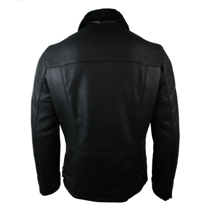 Mens Winter Real Sheepskin Black Mid Length Fitted Designer Jacket Cross Zip - Image 3
