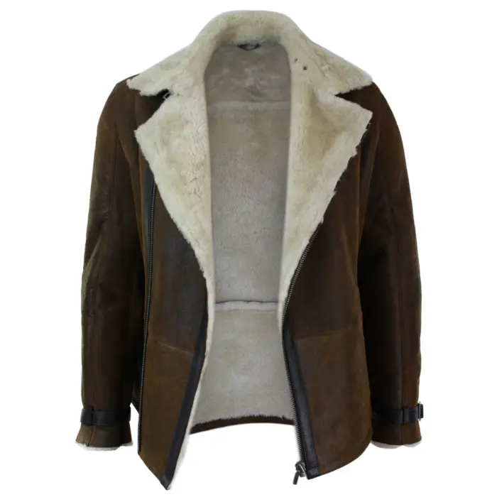 Mens Winter Real Sherling Vintage Sheepskin Tan Brown Fitted Jacket Cross Zip - Image 3