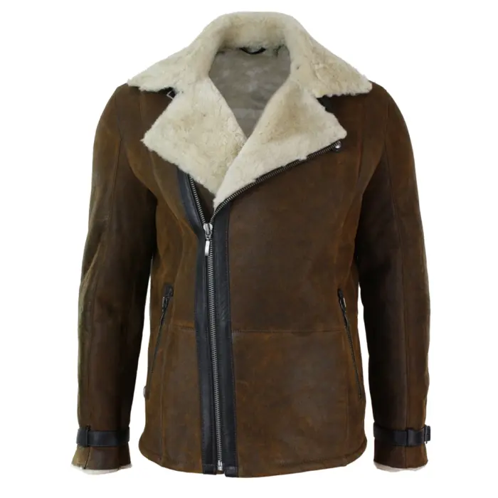 Mens Winter Real Sherling Vintage Sheepskin Tan Brown Fitted Jacket Cross Zip - Image 1