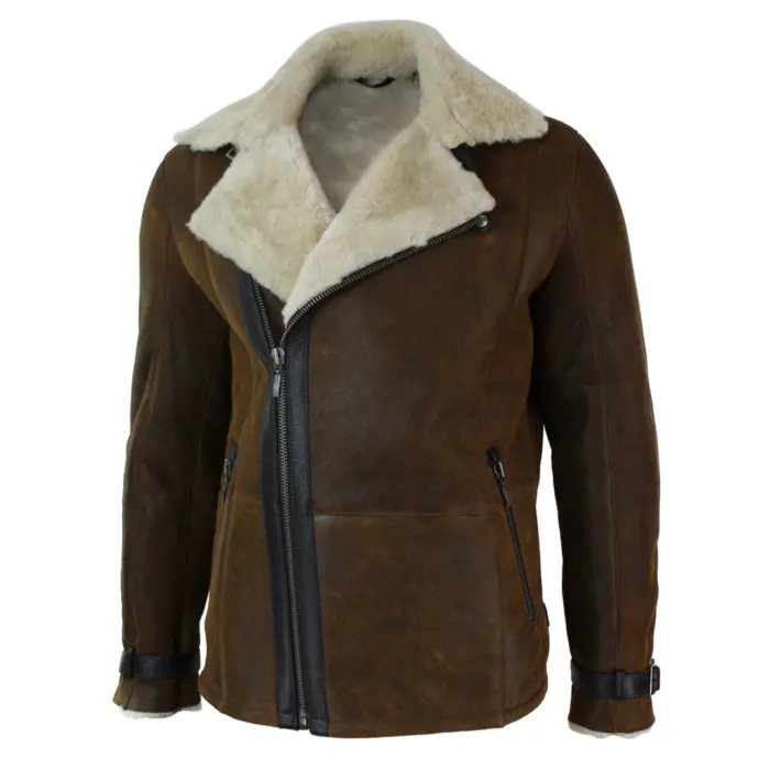 Mens Winter Real Sherling Vintage Sheepskin Tan Brown Fitted Jacket Cross Zip - Image 2