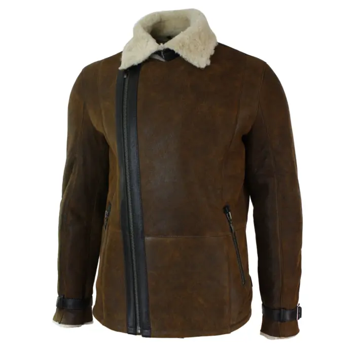 Mens Winter Real Sherling Vintage Sheepskin Tan Brown Fitted Jacket Cross Zip - Image 4