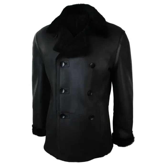 Mens Real Shearling German Navy Sheepskin Double Breasted Jacket Black Fitted - Image 2