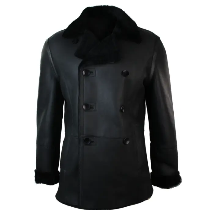 Mens Real Shearling German Navy Sheepskin Double Breasted Jacket Black Fitted - Image 1