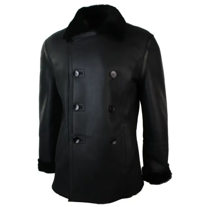 Mens Real Shearling German Navy Sheepskin Double Breasted Jacket Black Fitted - Image 5