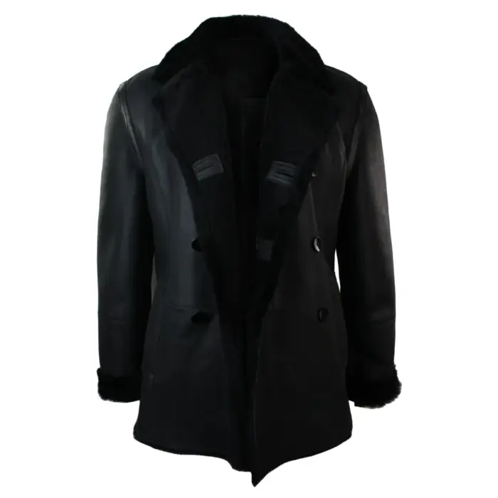Mens Real Shearling German Navy Sheepskin Double Breasted Jacket Black Fitted - Image 4