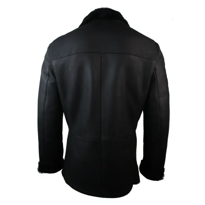 Mens Real Shearling German Navy Sheepskin Double Breasted Jacket Black Fitted - Image 3