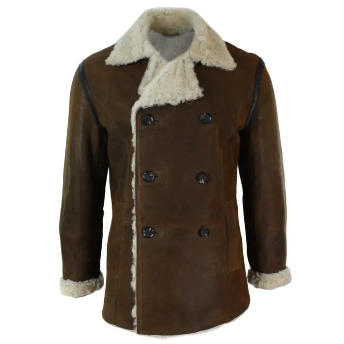 Mens Real Shearling German Navy Sheepskin Double Breasted Jacket Vintage Brown - Image 1