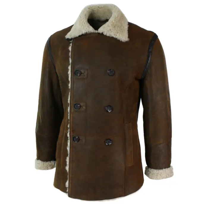 Mens Real Shearling German Navy Sheepskin Double Breasted Jacket Vintage Brown - Image 2