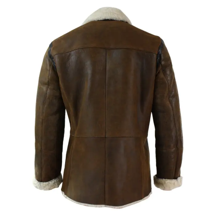Mens Real Shearling German Navy Sheepskin Double Breasted Jacket Vintage Brown - Image 4