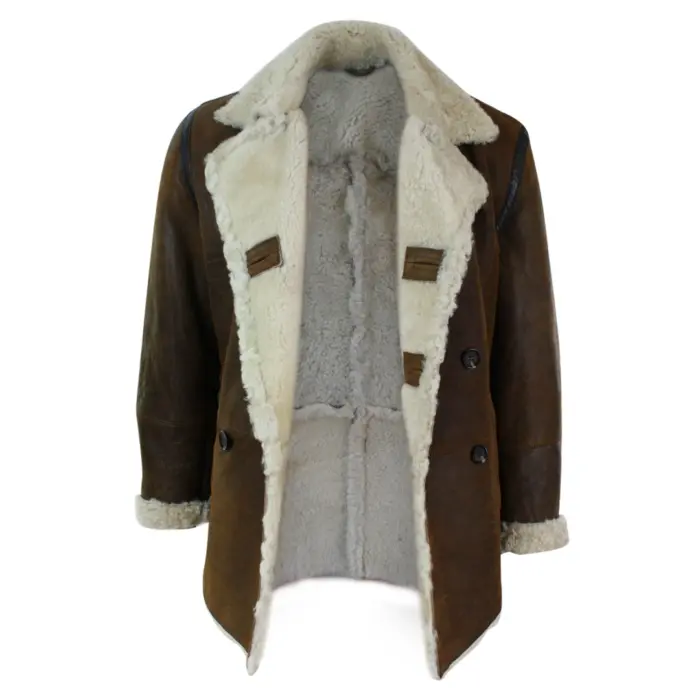 Mens Real Shearling German Navy Sheepskin Double Breasted Jacket Vintage Brown - Image 3