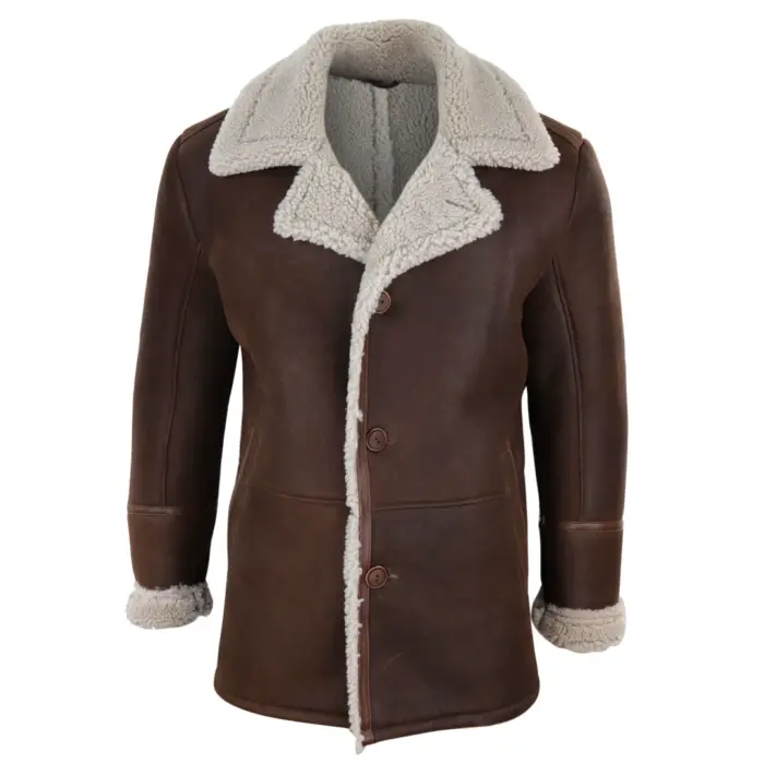 Mens Real Sheepskin Coat Button Vintage German WW2 Captain Marine Jacket - Image 1