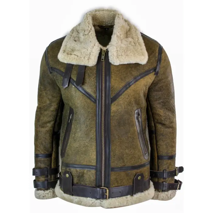 Mens Sherling Real Sheepskin Leather Viking Vintage RAF Jacket Brown Cream Fur - Image 1