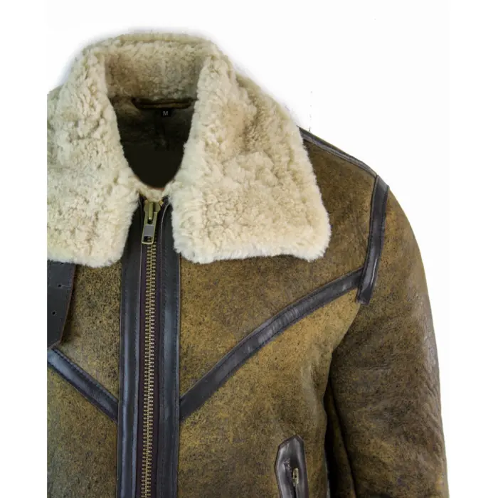 Mens Sherling Real Sheepskin Leather Viking Vintage RAF Jacket Brown Cream Fur - Image 3
