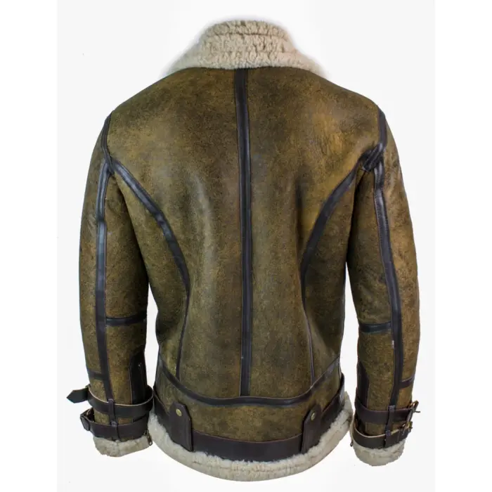 Mens Sherling Real Sheepskin Leather Viking Vintage RAF Jacket Brown Cream Fur - Image 6