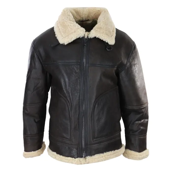 Mens Brown Real Sheepskin Flying Jacket Zipped Cream Fur Classic WW2 Pilot Military - Image 1