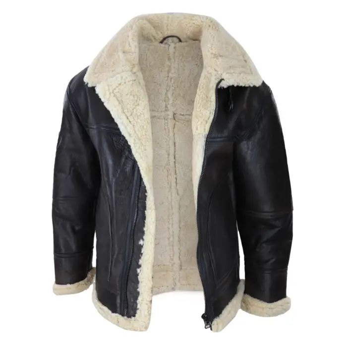 Mens Brown Real Sheepskin Flying Jacket Zipped Cream Fur Classic WW2 Pilot Military - Image 2
