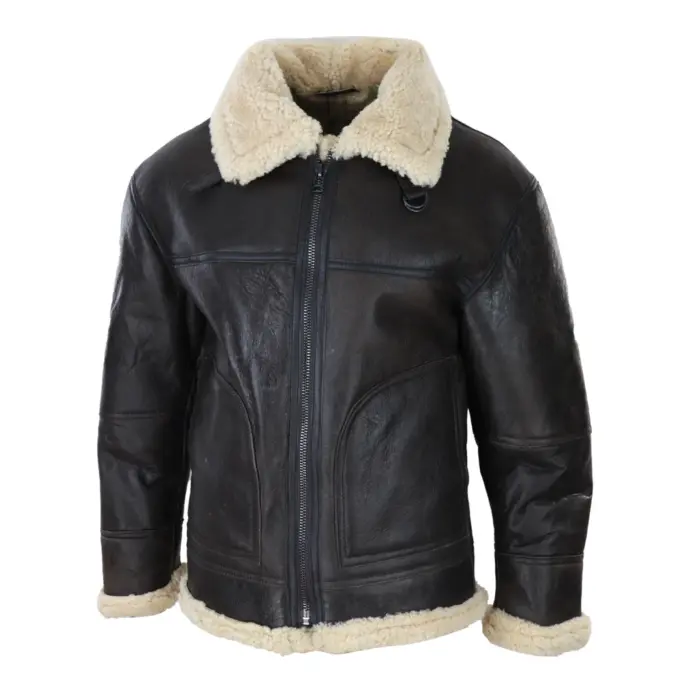 Mens Brown Real Sheepskin Flying Jacket Zipped Cream Fur Classic WW2 Pilot Military - Image 5