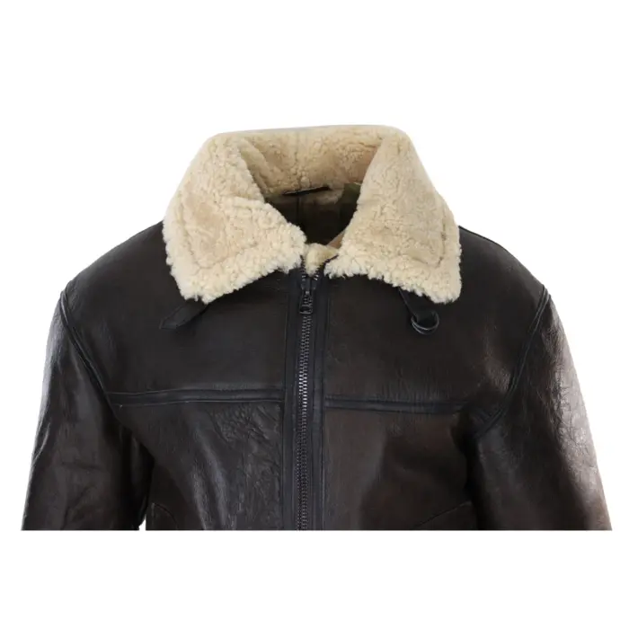 Mens Brown Real Sheepskin Flying Jacket Zipped Cream Fur Classic WW2 Pilot Military - Image 4