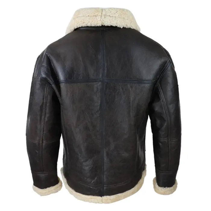 Mens Brown Real Sheepskin Flying Jacket Zipped Cream Fur Classic WW2 Pilot Military - Image 3