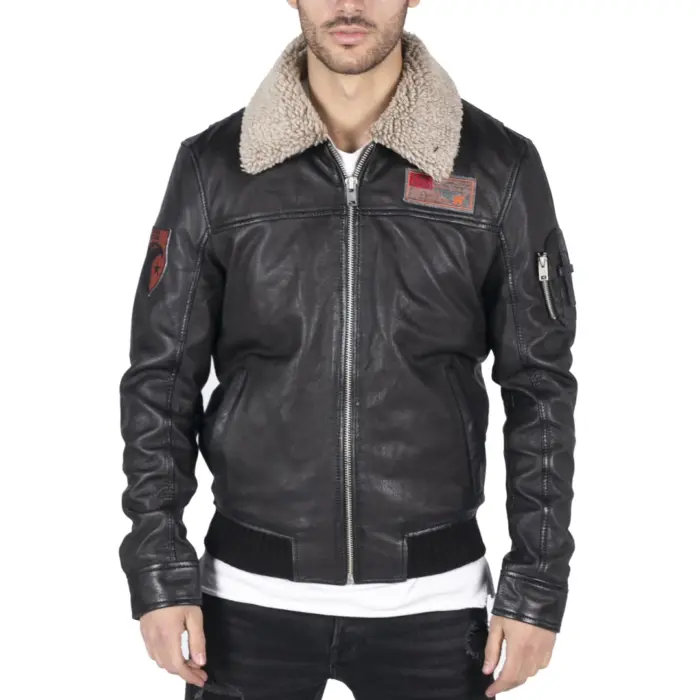 Mens Real Leather Pilot Bomber Jacket Air Force Aviator Falcon Badge Fur Collar - Image 1
