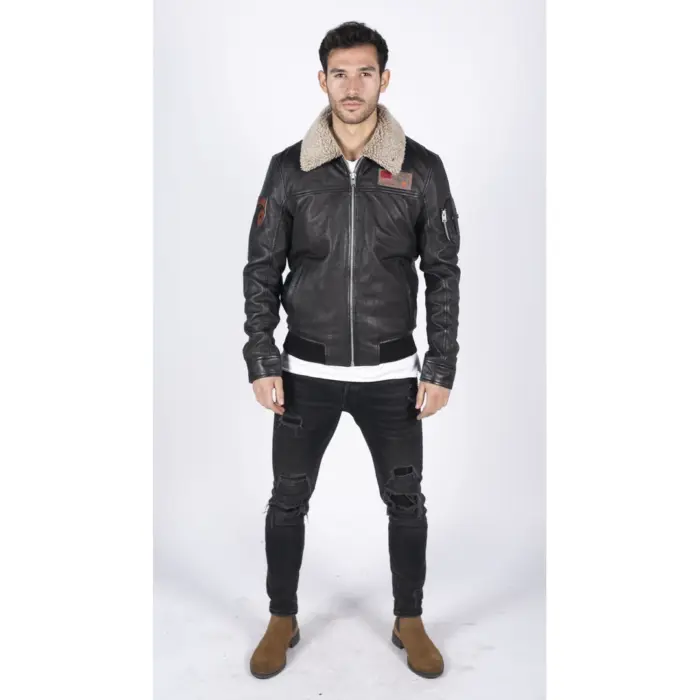 Mens Real Leather Pilot Bomber Jacket Air Force Aviator Falcon Badge Fur Collar - Image 2