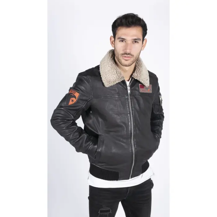 Mens Real Leather Pilot Bomber Jacket Air Force Aviator Falcon Badge Fur Collar - Image 6