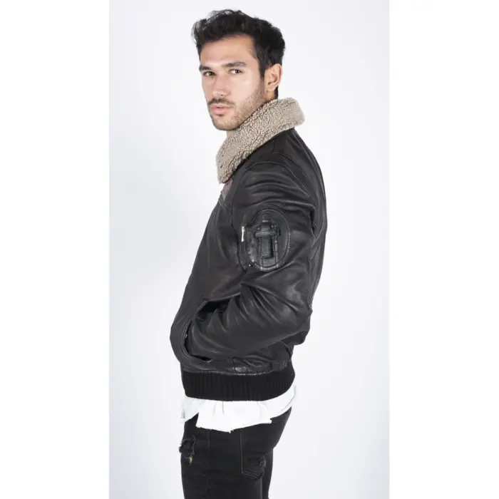 Mens Real Leather Pilot Bomber Jacket Air Force Aviator Falcon Badge Fur Collar - Image 5
