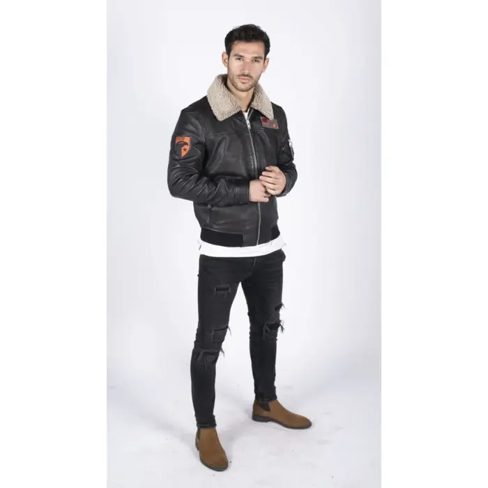 Mens Real Leather Pilot Bomber Jacket Air Force Aviator Falcon Badge Fur Collar - Image 4