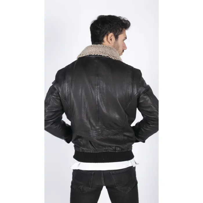Mens Real Leather Pilot Bomber Jacket Air Force Aviator Falcon Badge Fur Collar - Image 3