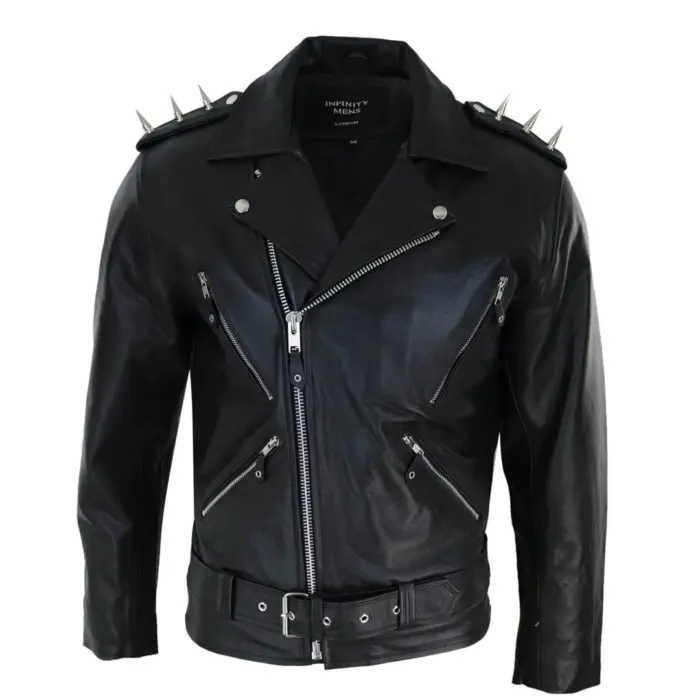 Mens Spike Hide Original Cross Zip Brando Biker Motorcycle Real Leather Jacket - Image 1