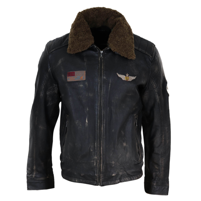 Mens Vintage Black Brown Zip Flying Aviator Jacket Fur Collar Badge Pilot Retro - Image 1