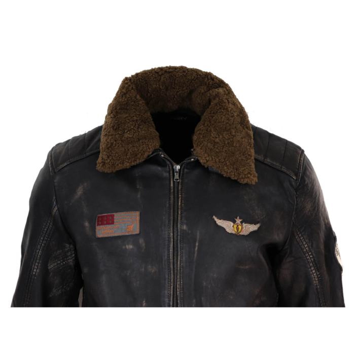Mens Vintage Black Brown Zip Flying Aviator Jacket Fur Collar Badge Pilot Retro - Image 3