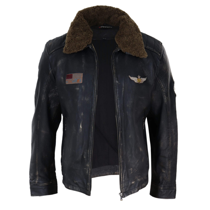 Mens Vintage Black Brown Zip Flying Aviator Jacket Fur Collar Badge Pilot Retro - Image 5