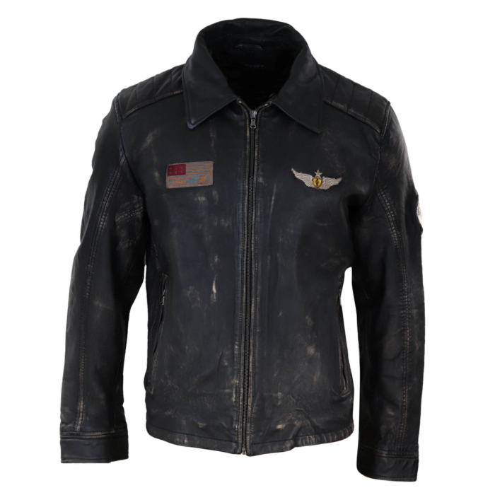 Mens Vintage Black Brown Zip Flying Aviator Jacket Fur Collar Badge Pilot Retro - Image 6